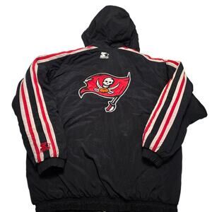 Vintage Tampa Bay Buccaneers Starter Hooded Puffer Jacket Large NFL Black 90's